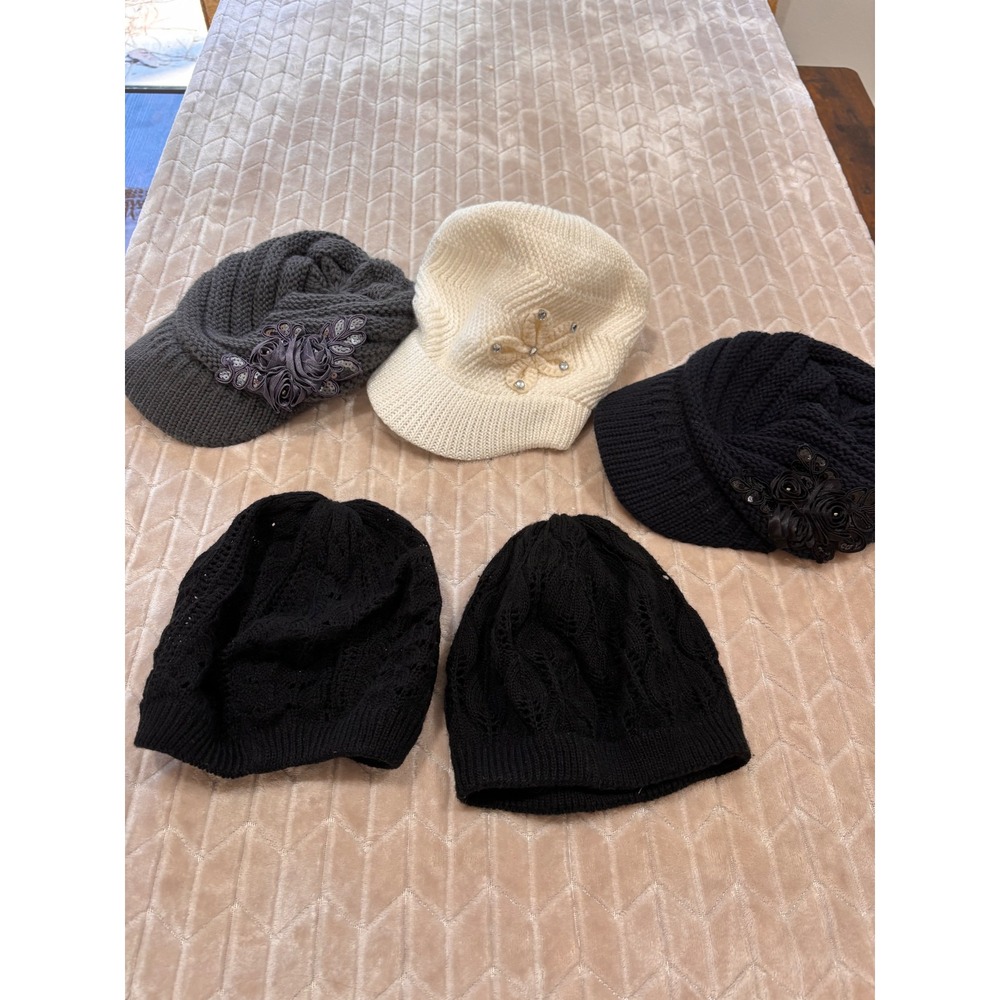 5 Piece Knit Hat Beanie Newsboy Cap Lot Set Flower Rhinestone Sequin Assorted
